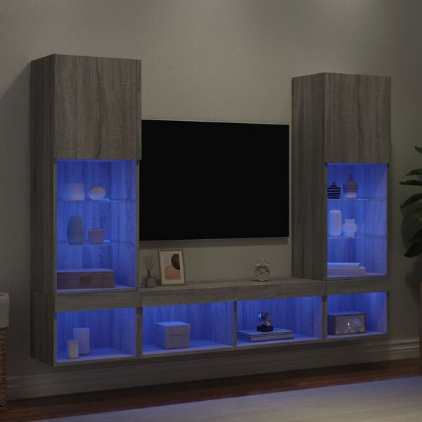 vidaXL Mobili TV a Muro con LED 5pz Grigio Sonoma in Legno Multistrato