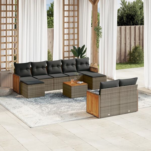 vidaXL Set Divano da Giardino 10 pz con Cuscini Grigio in Polyrattan