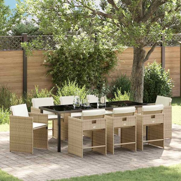 vidaXL Set da Pranzo per Giardino con cuscino 9 pcs Beige polyrattan
