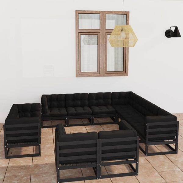 vidaXL Set Divani da Giardino 11 pz con Cuscini Massello di Pino Nero