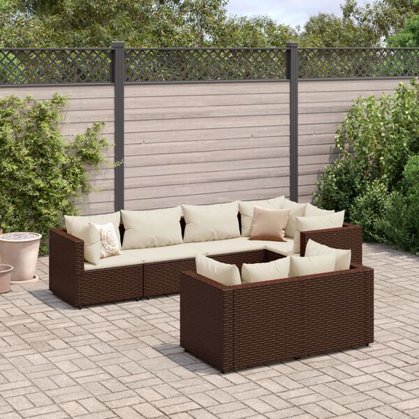 vidaXL Set Divani da Giardino 7 pz con Cuscini in Polyrattan Marrone