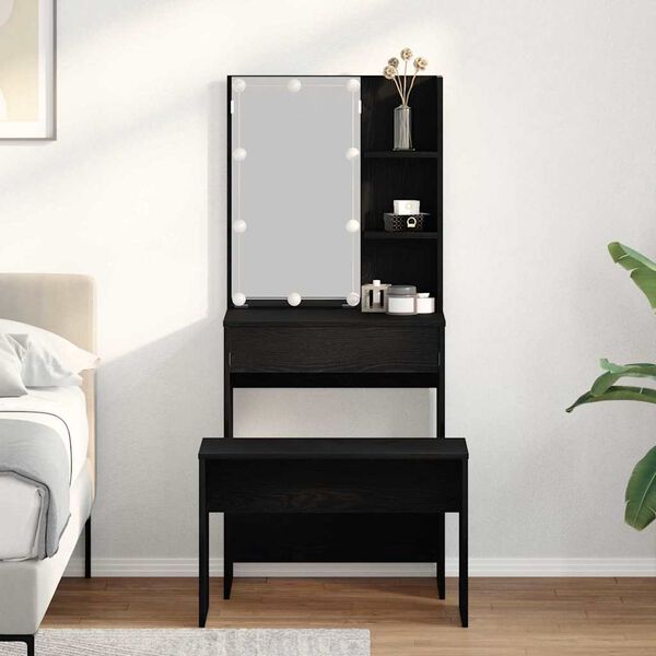 vidaXL Set Tavolo da Trucco LED 2 pcs Rovere Nero Legno multistrato