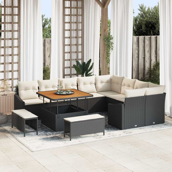 vidaXL Set Divano da Giardino con cuscino 12 pcs Nero Poly Rattan