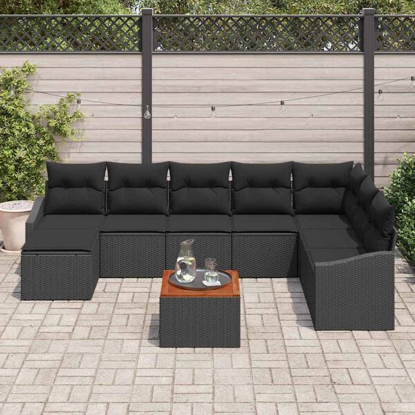 vidaXL Set Divano da Giardino con cuscino 9 pcs Nero Poly Rattan