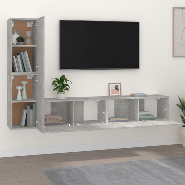 vidaXL Set di Mobili Porta TV 4 pz Grigio Cemento in Legno Multistrato