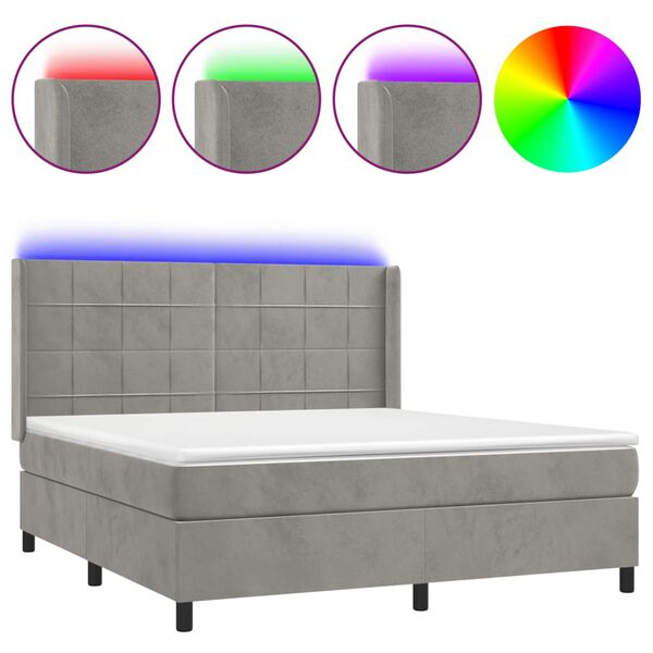 vidaXL Letto a Molle Materasso e LED Grigio Chiaro 160x200 cm Velluto
