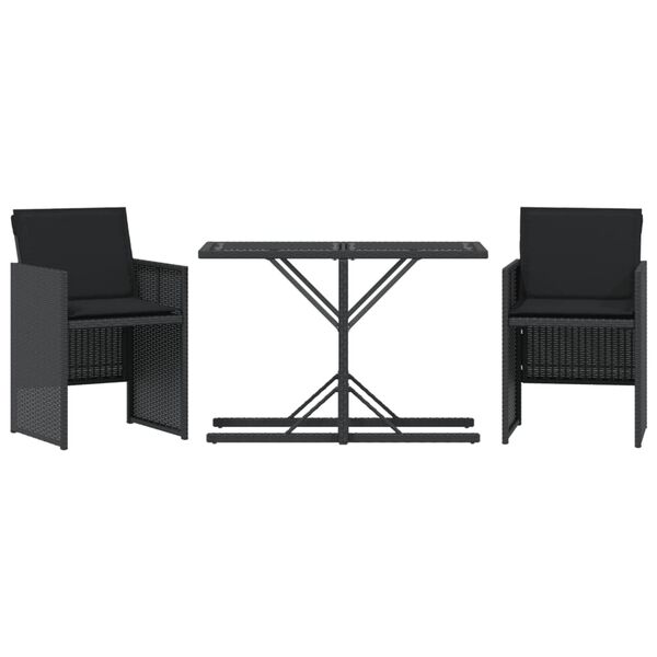 vidaXL Set da Bistr&ograve; 3 pz con Cuscini Nero in Polyrattan