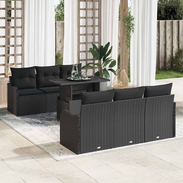 vidaXL Set Divano da Giardino con cuscino 7 pcs Nero Poly Rattan