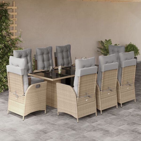 vidaXL Set Pranzo da Giardino 9 pz con Cuscini Beige Misto Polyrattan
