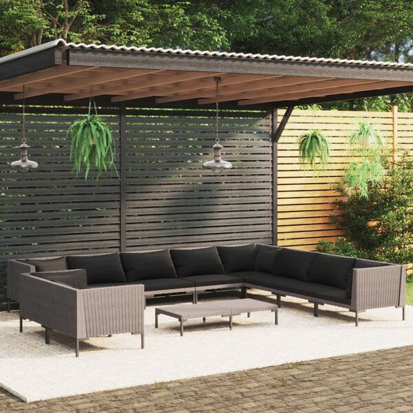 vidaXL Divani da Giardino 11 pz con Cuscini in Polyrattan Grigio Scuro