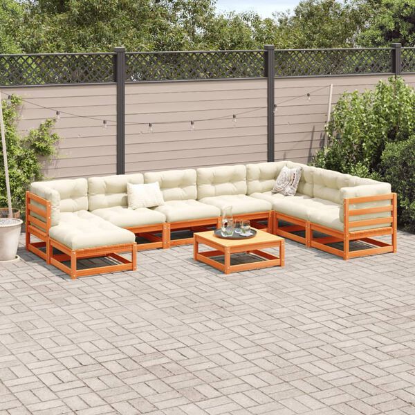 vidaXL Set Divani Giardino 9 pz con Cuscini Marrone Cera Massello Pino