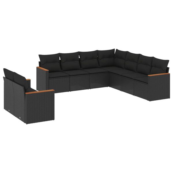 vidaXL Set Divani da Giardino 9 pz con Cuscini Nero in Polyrattan