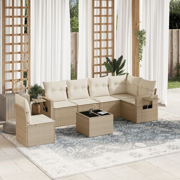 vidaXL Set Divani da Giardino 7 pz con Cuscini Beige in Polyrattan