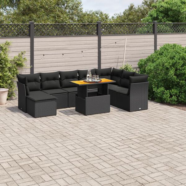 vidaXL Set Divani da Giardino 9 pz con Cuscini Nero in Polyrattan