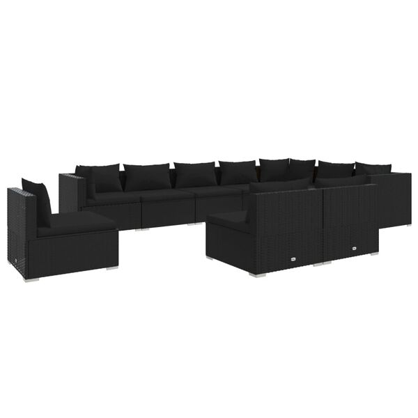 vidaXL Set Divani da Giardino 10 pz con Cuscini in Polyrattan Nero