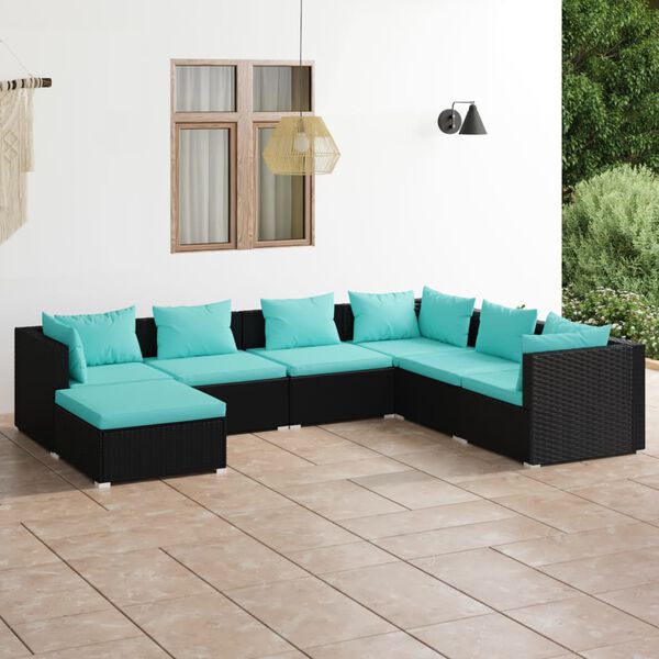vidaXL Set Divani da Giardino 7 pz con Cuscini in Polyrattan Nero