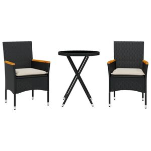 vidaXL Set da Bistr&ograve; 3 pz con Cuscini Nero Polyrattan e Vetro
