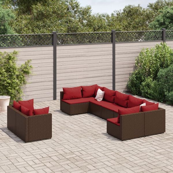 vidaXL Set Divani da Giardino 9pz con Cuscini Marrone in Polyrattan