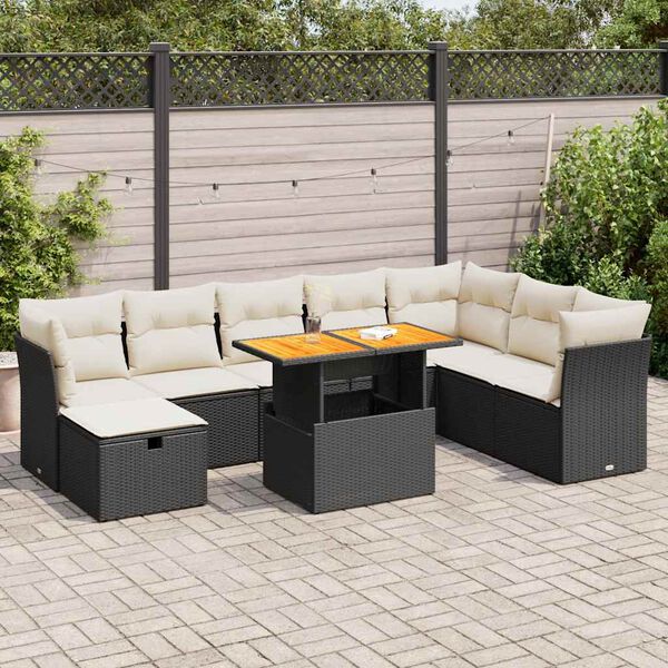 vidaXL Set Divani da Giardino 9 pz con Cuscini Nero Polyrattan Acacia