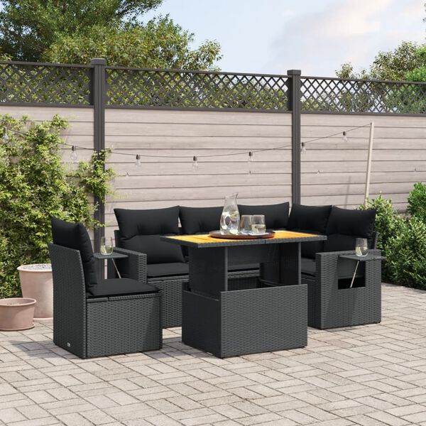 vidaXL Set Divano da Giardino 6 pz con Cuscini Nero in Polyrattan