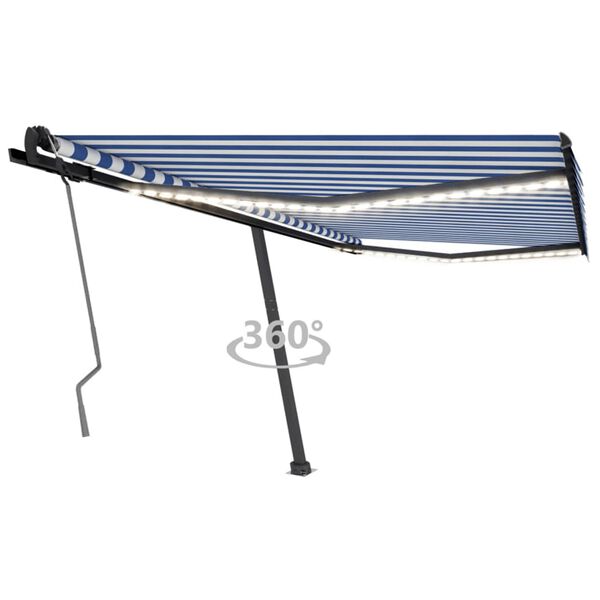 vidaXL Tenda da Sole Retrattile Manuale con LED 450x350 cm Blu Bianco