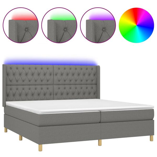 vidaXL Letto a Molle Materasso e LED Grigio Scuro 200x200cm in Tessuto