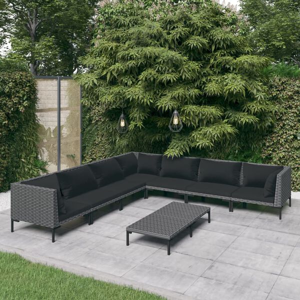 vidaXL Divani da Giardino 8 pz con Cuscini in Polyrattan Grigio Scuro