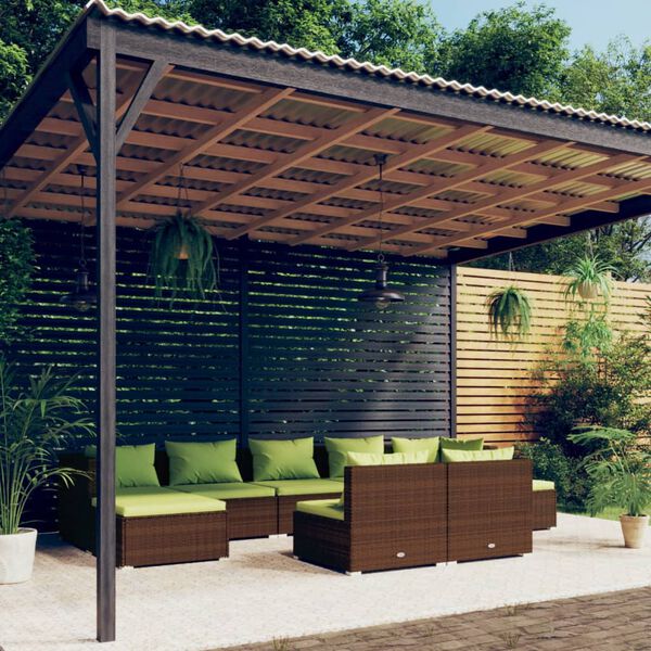 vidaXL Set Divani da Giardino 9 pz con Cuscini in Polyrattan Marrone