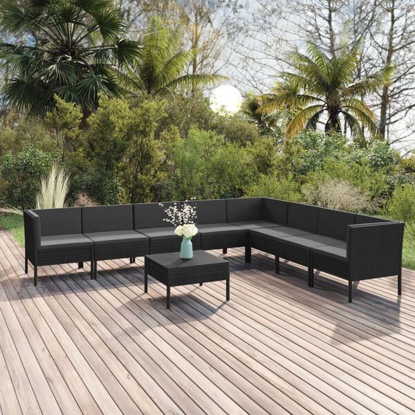vidaXL Set Divani da Giardino 9 pz con Cuscini in Polyrattan Nero