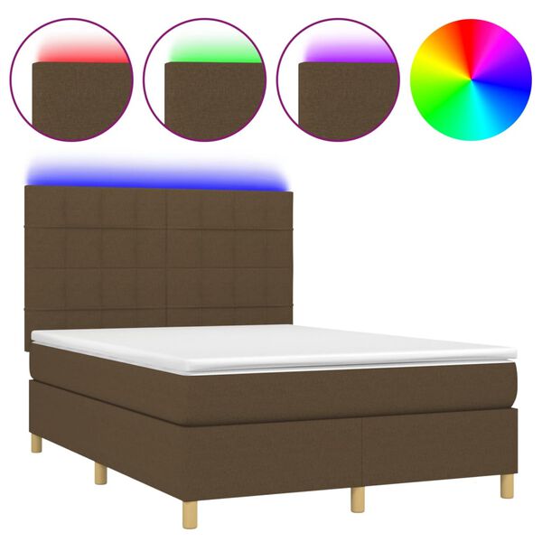 vidaXL Letto a Molle Materasso e LED Marrone Scuro 140x200 cm Tessuto