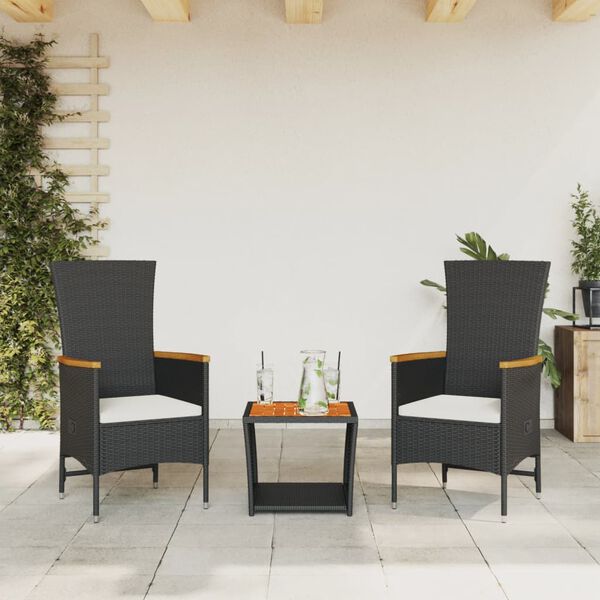 vidaXL Set da Pranzo da Giardino 3 pz con Cuscini Nero in Polyrattan