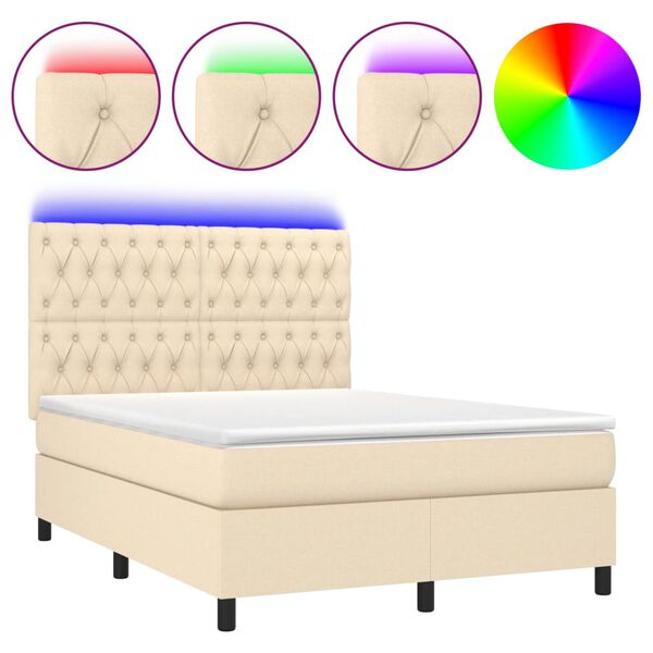 vidaXL Letto a Molle con Materasso e LED Crema 140x190 cm in Tessuto