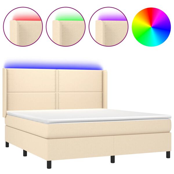 vidaXL Letto a Molle con Materasso e LED Crema 180x200 cm in Tessuto