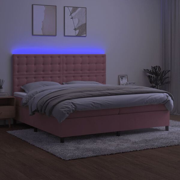vidaXL Letto a Molle con Materasso e LED Rosa 200x200 cm in Velluto