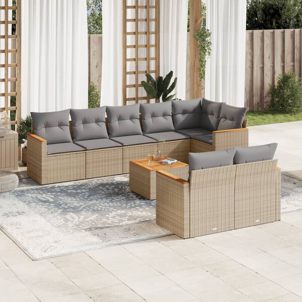 vidaXL Set Divano da Giardino 9 pz con Cuscini Beige in Polyrattan