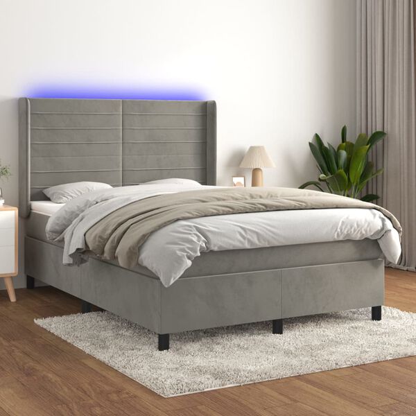 vidaXL Letto a Molle Materasso e LED Grigio Chiaro 140x200 cm Velluto
