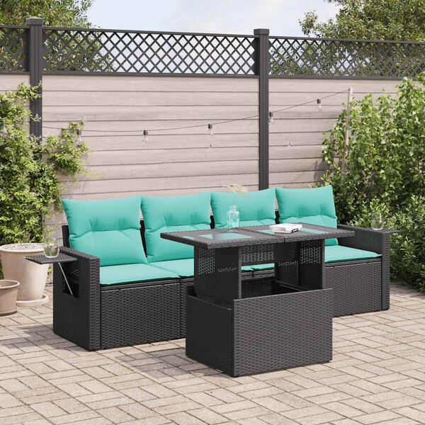 vidaXL Set Divano da Giardino 5 pz Cuscini Nero Polyrattan e Acacia