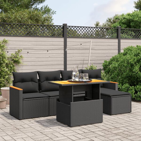 vidaXL Set Divano da Giardino 6 pz con Cuscini Nero in Polyrattan