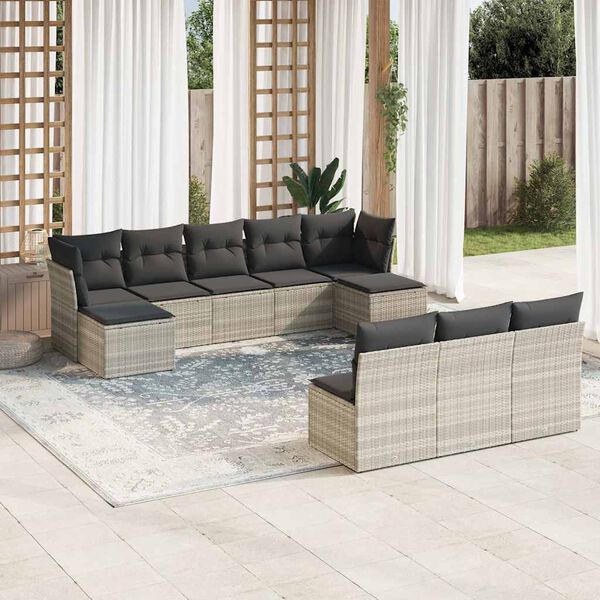 vidaXL Set Divano Giardino 10 pz con Cuscini Grigio Chiaro Polyrattan
