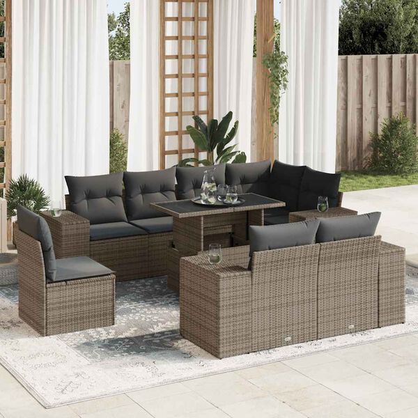 vidaXL Set Divano da Giardino 9 pz con Cuscini Grigio in Polyrattan