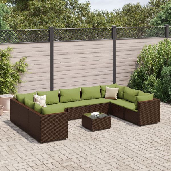 vidaXL Set Divani da Giardino 10 pz con Cuscini in Polyrattan Marrone