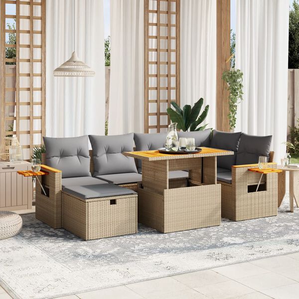 vidaXL Set Divani da Giardino 7 pz con Cuscini Beige in Polyrattan