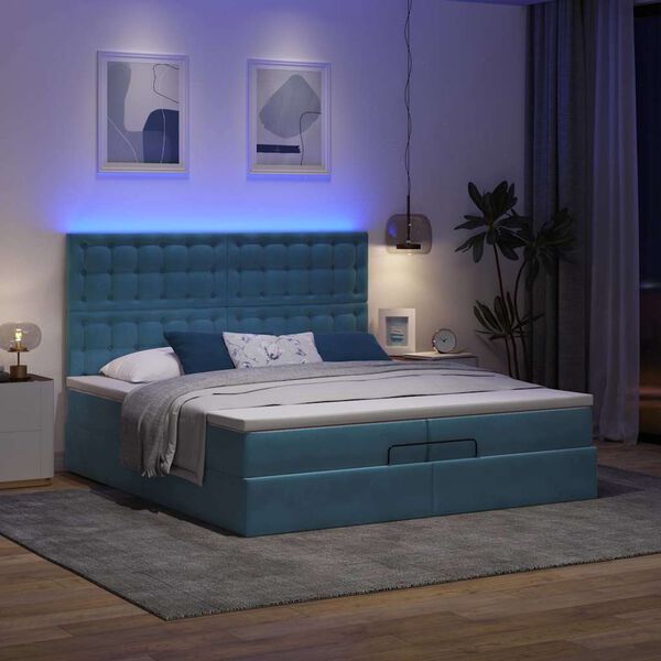 vidaXL Pouf Letto con Materassi e LED Blu Scuro 200x200cm Velluto
