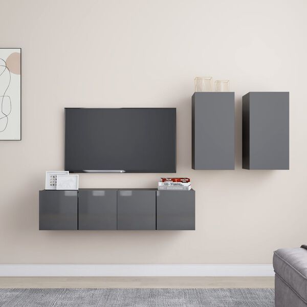 vidaXL Set Mobili TV 4 pz Grigio Lucido in Legno Multistrato