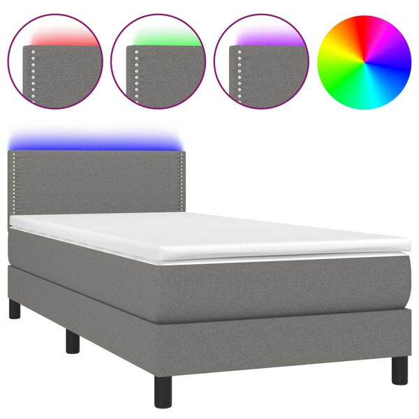 vidaXL Letto a Molle Materasso e LED Grigio Scuro 90x200 cm in Tessuto