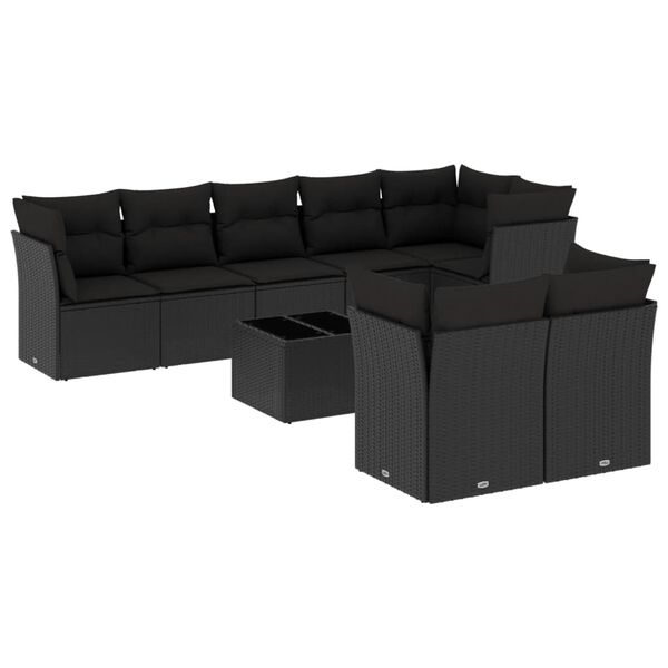 vidaXL Set Divani da Giardino 9 pz con Cuscini Nero in Polyrattan