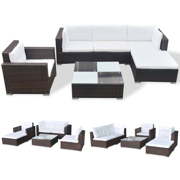 vidaXL Set Divani da Giardino 6 pz con Cuscini in Polyrattan Marrone