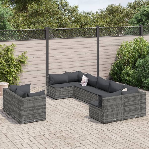 vidaXL Set Divano da Giardino 9 pz con Cuscini Grigio in Polyrattan