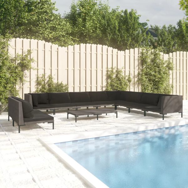 vidaXL Divani da Giardino 11 pz con Cuscini in Polyrattan Grigio Scuro