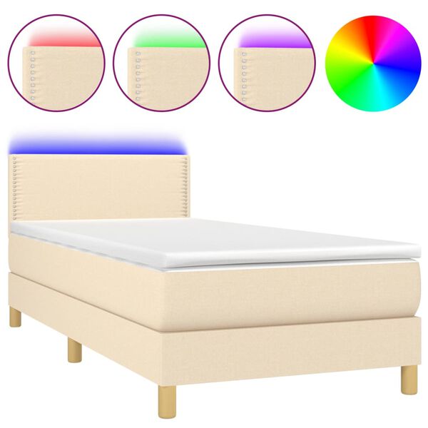 vidaXL Letto a Molle con Materasso e LED Crema 90x200 cm in Tessuto